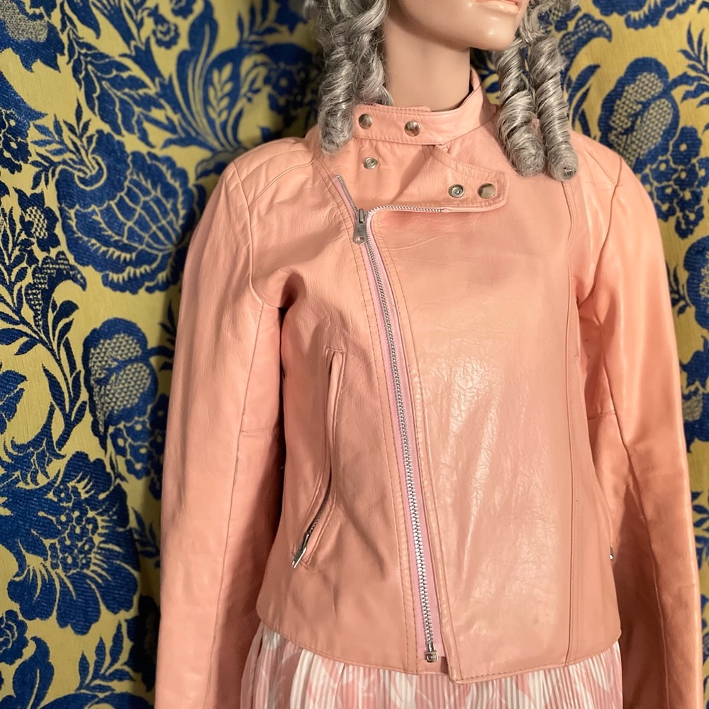 Women’s pink Skins moto leather jacket